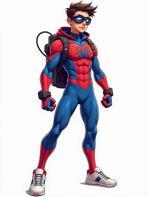 "Create a high-quality image of a superhero-inspired character in a dynamic pose. The character should wear a blue and red costume with a spider emblem on the chest, white sneakers, and modern tech gadgets on their wrists and backpack. The design should be...