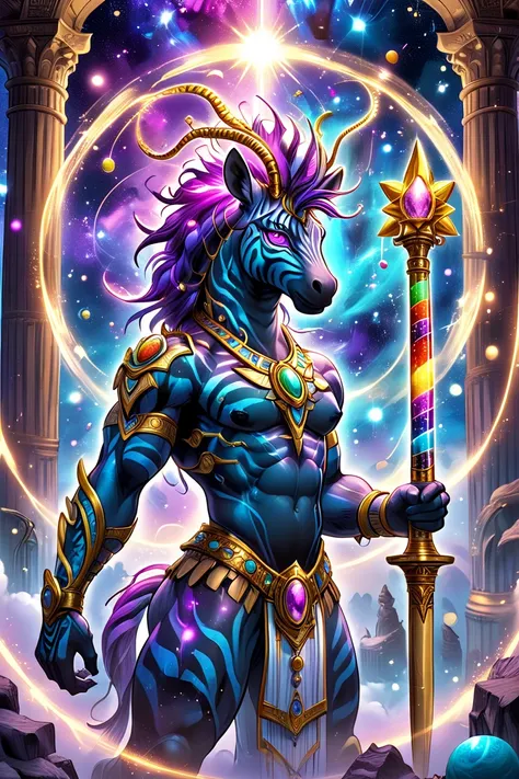 A stunning digital artwork of a muscular, zebra-like creature with a blue and violet striped torso, three sharp crests on its head, and glowing violet eyes. The creature has four arms holding unique items: a radiant golden menorah, a prism staff emitting c...