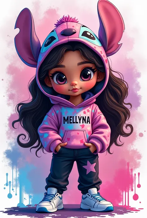 A young woman with a cartoonish appearance is centered in the image. The character has fair skin, oriental eyes, Brazilian features, long, dark brown curly hair, and large, expressive eyes. She is wearing a holographic hoodie with a star design. The hoodie...