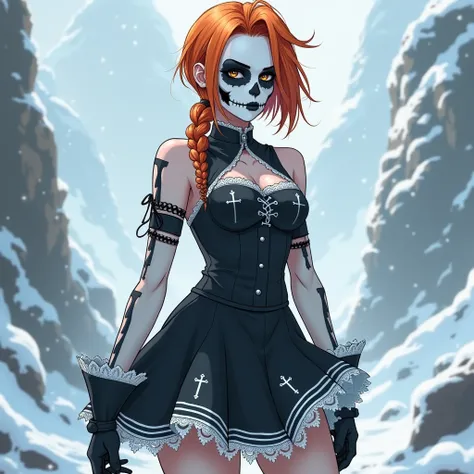 "Create a ultra detail rebellious rban character with female anime skull face, inspired side part hair cut in shades of orange. Wear an outfit a black, sleeveless dress with white lace trim and small white cross details pair with a flared skirt with layere...