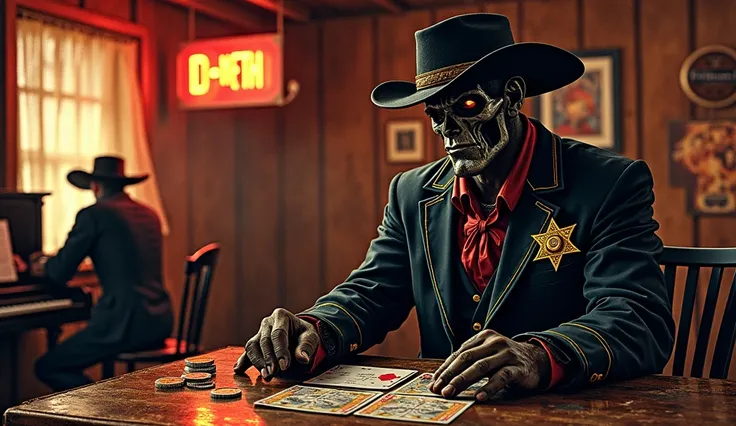 Wild West Bar,  Darkseid badge wearing a cowboy hat and sheriff's badge, Tip Top on the icon, D-METH on the sign,  courtesan, cowboys, piano, whiskey, cards, style old film with scratches, morning,  pop art style 