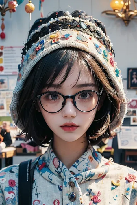 (( best quality)), ((傑 best quality、masterpiece、High sensitivity、 high resolution、 detailed depiction 、 delicate face depiction on silk hat ))Slender Woman、Glasses、On a silk hat 、 cake decoration 、 biscuit fabric desk、 candy chandelier 、