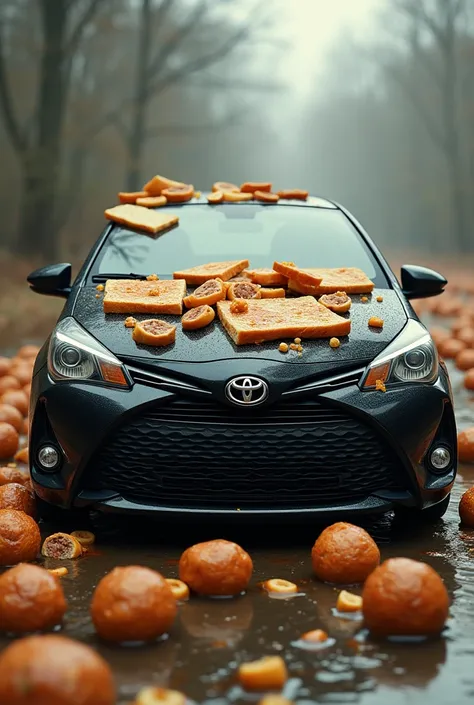 Create a image of a black Toyota Yaris covered in wet bread and meaty rissols slices of bread and seperate meatballs