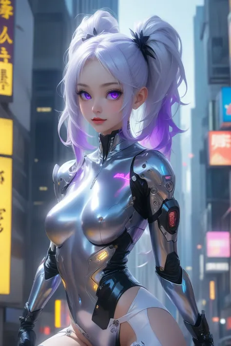   best image quality、 masterpiece、    in the middle  、（Shooting Resolution  ：1.4）、    in the middle  シネマ、   angle seen from below 、   cyberpunk night city  、   girl  、   silver hair twin tail、SILVER SHORTS  、whole body、smile、1 Character 、   purple eyes、   ...