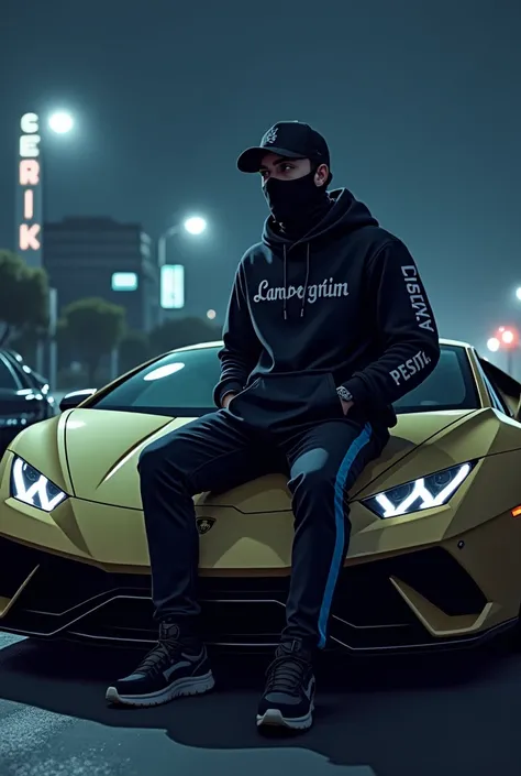 A chracter sit on the Bonet of the Lamborghini and in left side Mercedes and right side Mercedes i8 , and they wear cap , dark mask on face which has write khubaib, and wear dark trouser with blue lines , and black shirt which has write khubaib in dark nig...