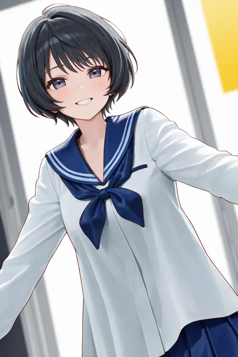  girl 　 sailor suit　 black hair　 short hair while on a business trip　smile　 from the center of the screen