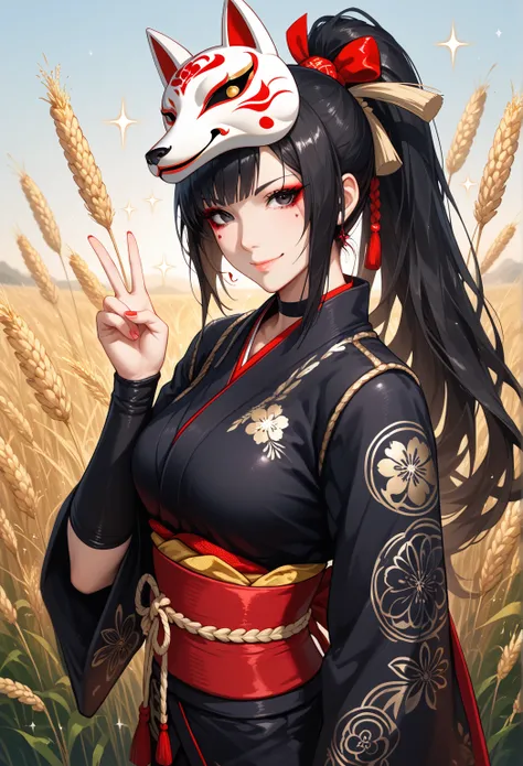  15-year-old student, 1若い  girl ,  viewers, black hair, black eyes,  wheat-colored skin on the body,  beautiful breasts , so beautiful, Sparkle,1  girl ,Alone,  Fox Mask Templates, ninja clothes,   kimono ,black,  shoulder out.  girl ,  long straight hair,...