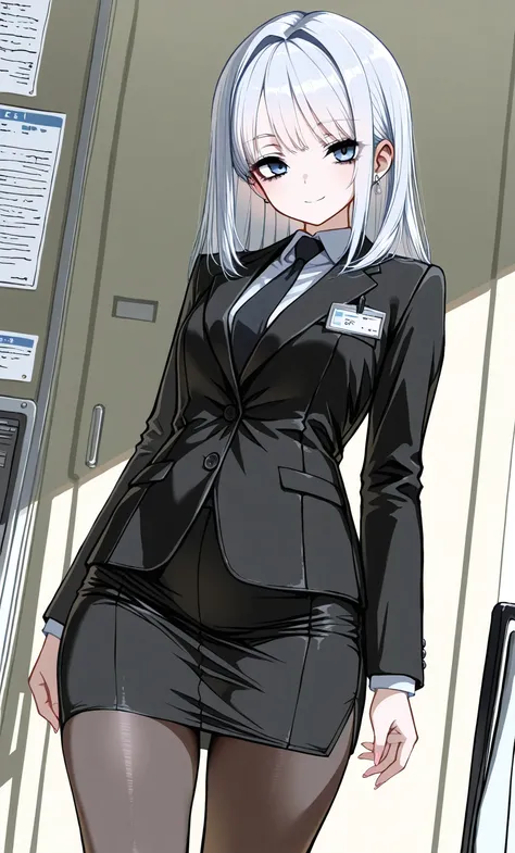 masterpiece,  top quality,  amazing quality , Character-centered,  silver hair , bright blue eyes, Tidy hair, secretary, black uniform,  cool impression,  soft smile, neatness