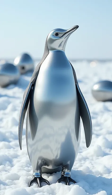 "Create a surreal hybrid creature blending a penguin and metallic textures, set in the same serene Arctic environment. The hybrid penguin's body is composed entirely of smooth, reflective metal, mirroring the icy surroundings while retaining the bird's ico...