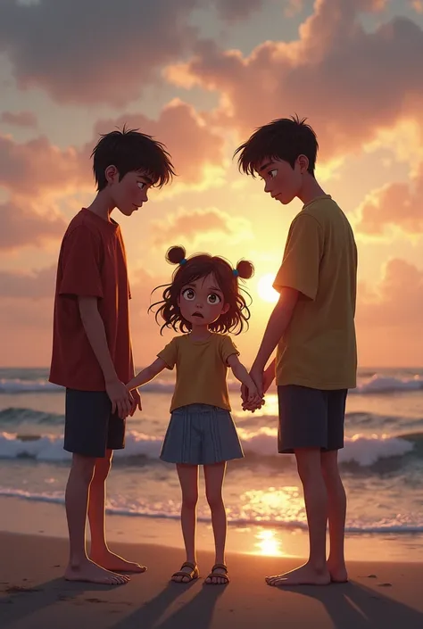 An image depicting three young adults—two boys and a girl—standing on a shoreline at dusk or dawn. They are holding hands, forming a circle. The girl has a worried expression, while the boys subtly convey jealousy. The scene is realistically lit and detail...