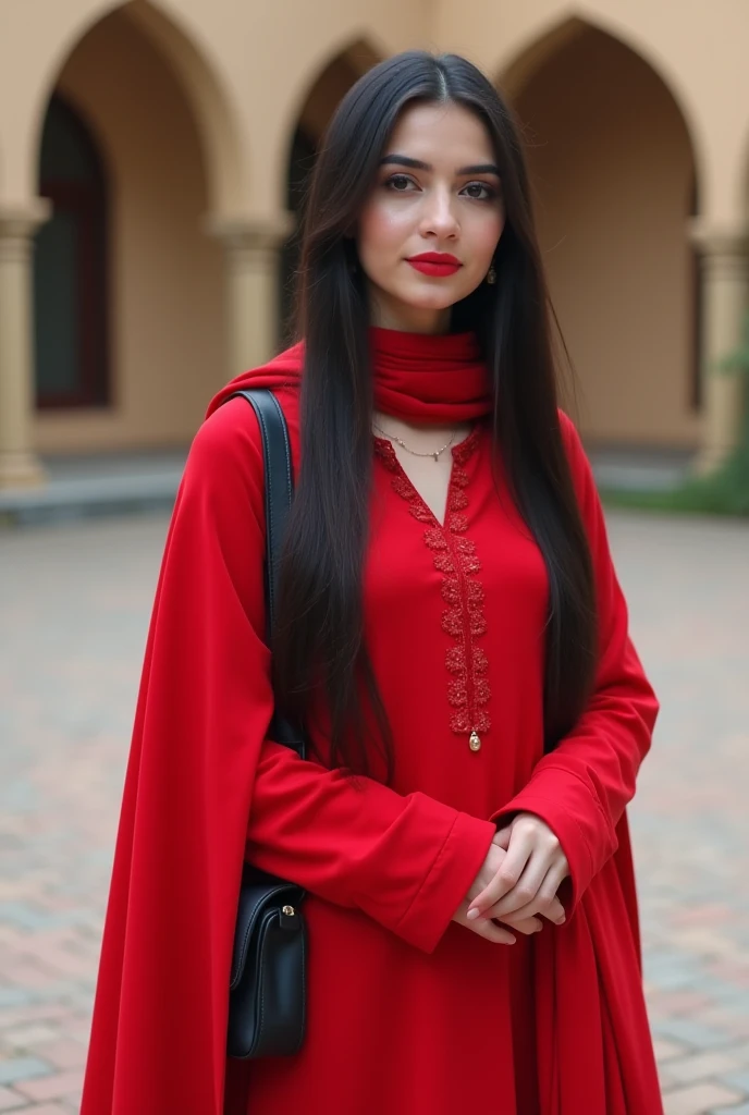 Image of a very very beautiful and very fair white skinned Pakistani woman having straight black long hair wearing red folded broad dupatta covering her front neck with red shalwar kameez with red lips with black shoulder bag in the courtyard of her colleg...