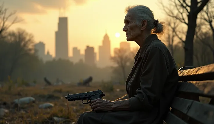 A very elderly lady looking at the sky, sitting on a bench in the central park (wide view), with a 9 mm pistol beside her; dirty and abandoned park, with the view of 2029 (best quality, 8k, high resolution, masterpiece: 1.2), ultra-detailed, (realistic, ph...