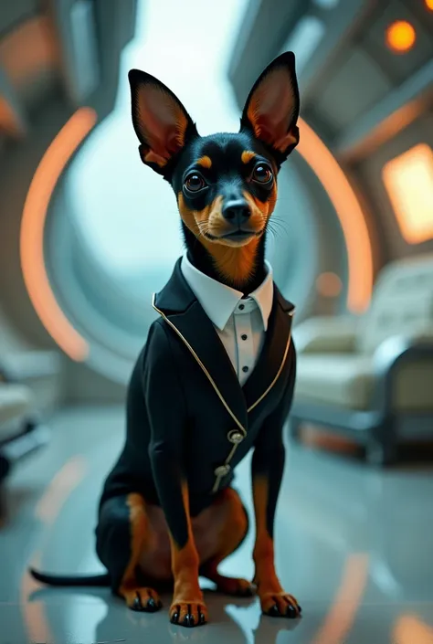 A mini pinscher,  dressed in a women's suit (She is female), In the position of four like a normal dog, inside a spaceship with a futuristic look from the 80s.