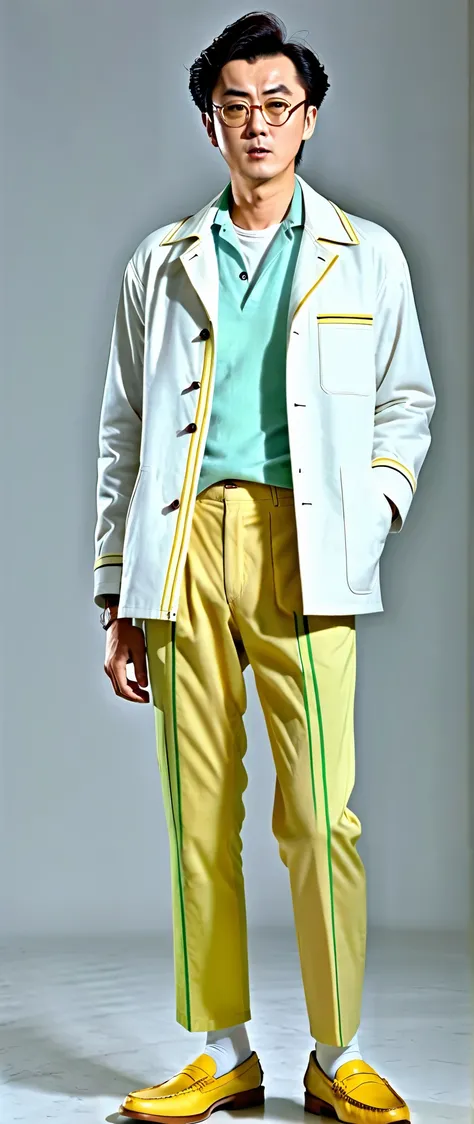  man in a short white coat ,  light blue shirt and inner with yellow lines inside,  brown loafers, Yellow-green pants ,Osamu Tezuka,  photos,8k,3d,live-action, best quality