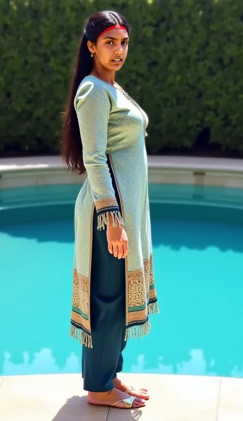 Kim Kardashian is standing near pool at home , wearing a traditional South Asian outfit. 
Show body curves The woman appears to be of South Asian descent. She is wearing a long, patterned top, the design of which is a light color with a teal/navy blue back...