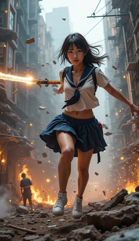 A cinematic scene of a young woman in a tattered school uniform, charging forward with a katana amidst a ruined apocalyptic city. The environment is chaotic, filled with crumbling skyscrapers, twisted metal, and floating ash, creating a dramatic and tense ...