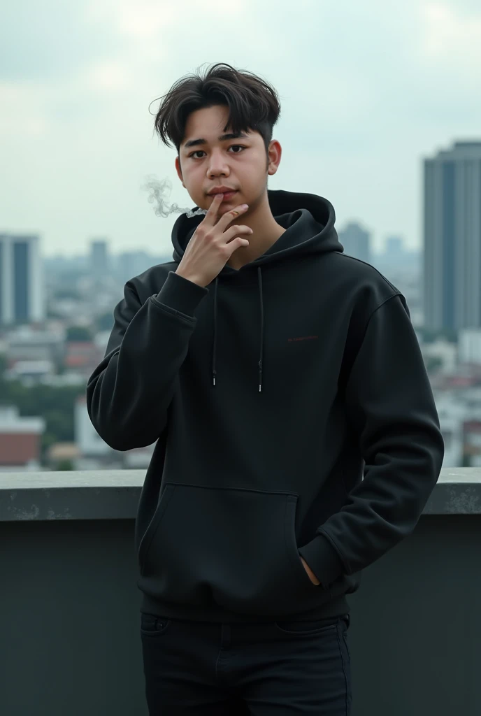 Indonesian handsome man, rather short neck, white skin, 21 years old, height 160cm, weight 80kg, black hoodie, black pants, smoking in a roff top