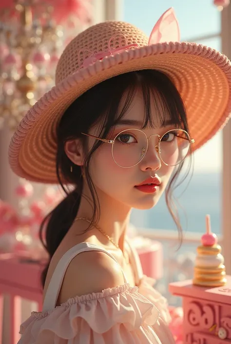 (( best quality)), ((傑 best quality、masterpiece、High sensitivity、 high resolution、 detailed depiction 、 delicate face depiction on silk hat ))Slender Woman、Glasses、On a silk hat 、 cake decoration 、 biscuit fabric desk、 candy chandelier 、