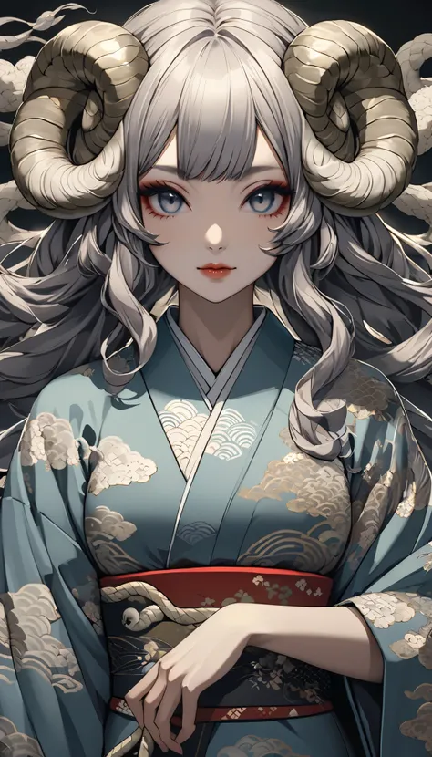 Ukiyo-e portrait of a woman \sheep girl\, all of the hair is made into dynamic snakes, Oriental sheep girl, dynamic movement, traditional Japanese art style, (staring at you), highly detailed, ornate kimono, intricate hair ornaments, dramatic lighting, mut...