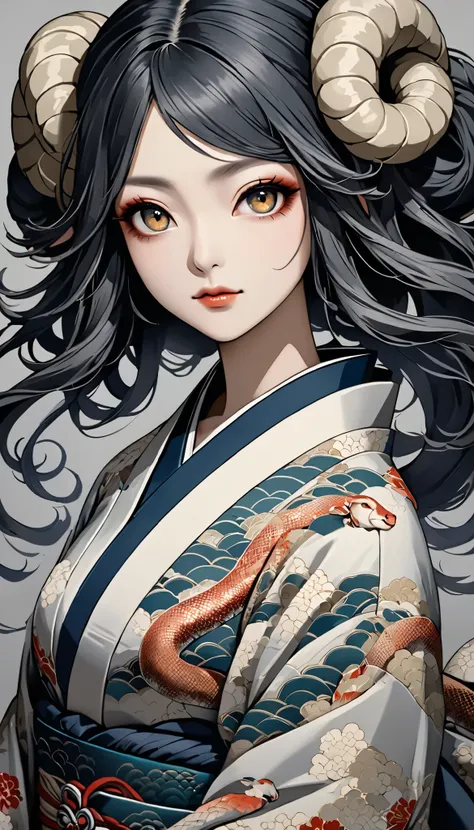 Ukiyo-e portrait of a woman \sheep girl\, all of the hair is made into dynamic snakes, Oriental sheep girl, dynamic movement, traditional Japanese art style, (staring at you), highly detailed, ornate kimono, intricate hair ornaments, dramatic lighting, mut...