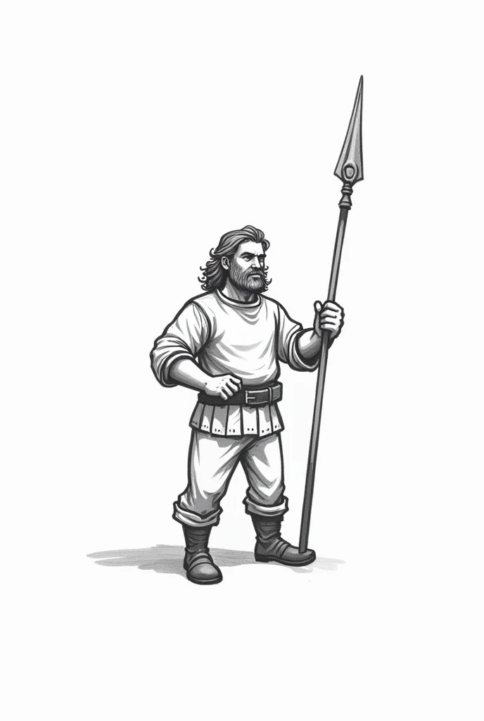 Medieval character from rpg fantasy world, medieval clothes, peasant medieval clothes, line drawing, video game character, holding spear