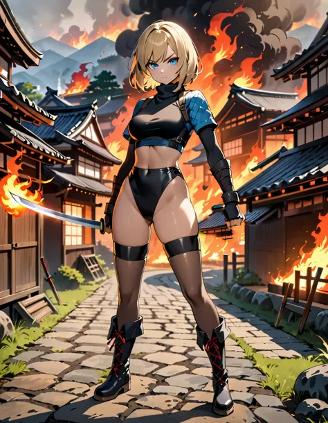 (burning japanese village backdrop:1.2)