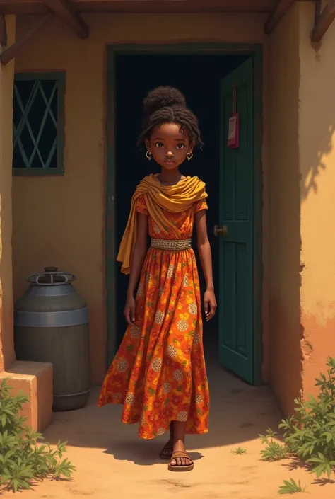 Anna, a young black Nigerian girl leaving her home wearing a gown and a scalf