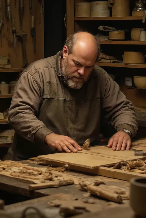 A bald man with bristles works in a workshop, creating unique wooden items