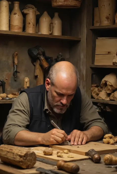 A bald man with bristles works in a workshop, creating unique wooden items