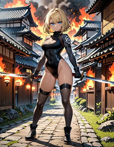 masterpiece, best quality, 8k, 1girl, blonde hair, blue eyes, boots, breasts, crop top, full body, gloves, knee boots, medium hair, medium breasts, (midriff:1,2, navel), bob hair, solo, standing, (thigh highs), (turtleneck, black leotard), (bare legs), nin...