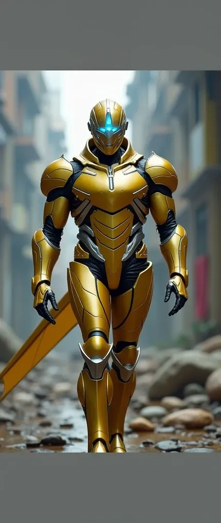   Gold armor with futuristic silver details humanoid male neon blue eye full body view from head to toe seen from afar realistic in 8k High resolution,  Walking masterpiece    