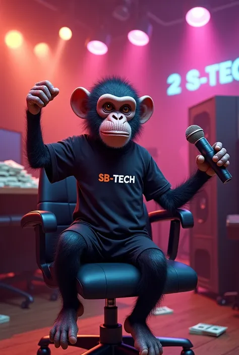 Create ai image A studio room and a money is setting on the chair and monkey have a mic and monkey wear a tee short and SB-Tech is written on the shirt .
Studio room is the full of the lights