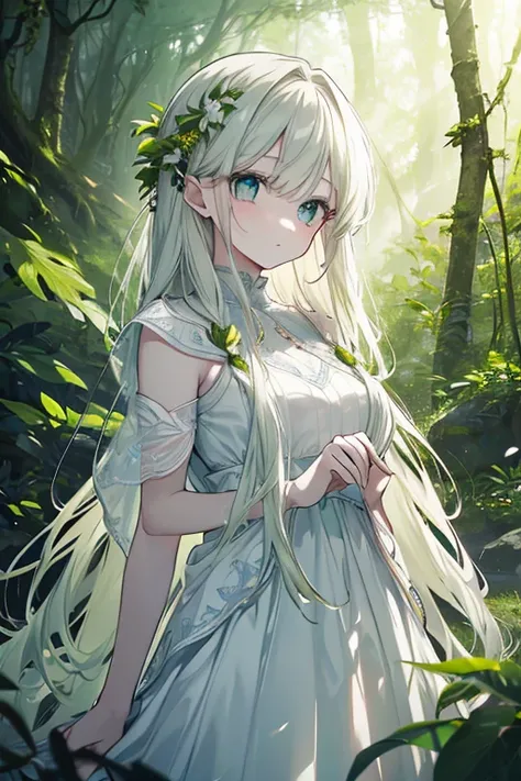 a beautiful young girl in a serene forest, long flowing hair, big expressive eyes, delicate facial features, wearing a flowing white dress, standing amidst lush greenery and sunbeams, photorealistic, 8k, hyperdetailed, highly detailed, intricate, cinematic...