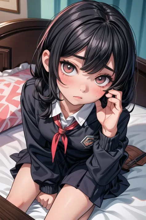 (masterpiece,   best quality ),   1 girl, Alone,   One Girl ,   beautiful face,   black hair, Sleep in bed、middle school uniform、Estrus、Full body portrait、 crotch、 Upper Eye Care、Look up at the camera