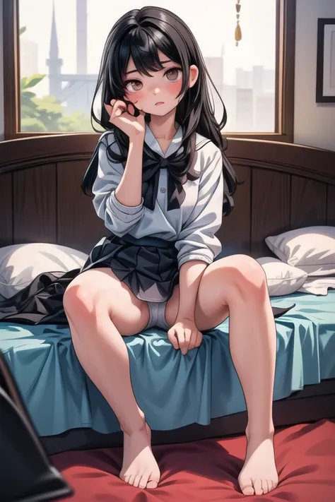 (masterpiece,   best quality ),   1 girl, Alone,   One Girl ,   beautiful face,   black hair, Sleep in bed、middle school uniform、Estrus、Full body portrait、 crotch、 Upper Eye Care、Look up at the camera