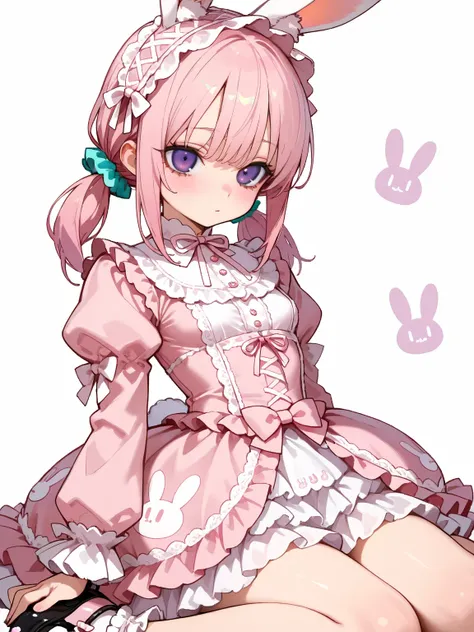 1girl, wariza,rabbit print background, simple background, white background,
BREAK  small breasts, (pink hair:1.3), (low twintails:1.2), aqua scrunchie, medium hair, (purple eyes:1.2), (eye highlights:1.2),detailed eyes,pink rabbit ears and tail, (pink loli...