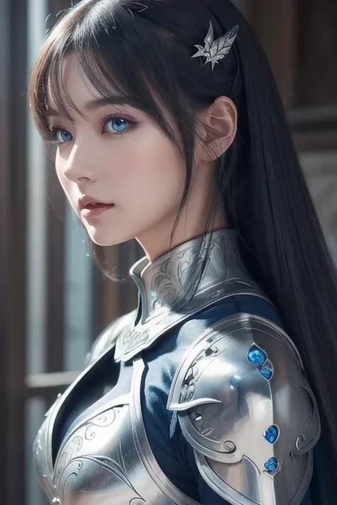  for、A close-up of a woman in a silver and blue dress is shown,   Detailed Fantasy Art ,  Breathtaking Character Art ,   epic and exquisite character art , Beautiful Armor, Extremely detailed art gum , detailed digital anime art,  Girl in Armor