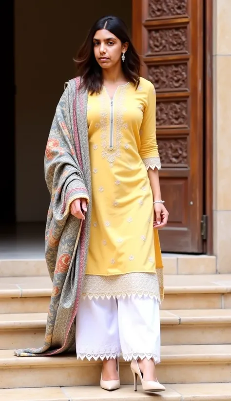 Kim Kardashian is standing on steps, wearing a traditional South Asian outfit. 

She has shoulder-length, dark brown hair, and is light-skinned. She is looking slightly to her right. 

She is wearing a mustard or pale yellow top with a floral embroidered p...