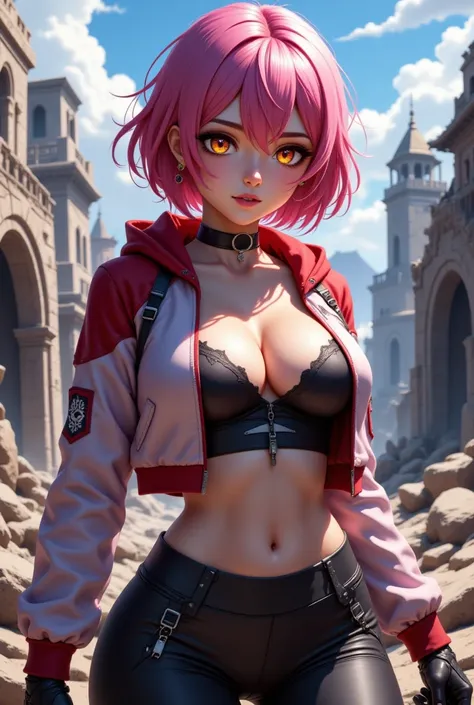 Yuji Itadori (Female)

"4K anime style quality, digital drawing mode, a vibrant and athletic young woman with short pink hair, expressive golden-brown eyes, and a cheerful smile, wearing a cropped jacket with a red hoodie and fitted bottom, standing in the...