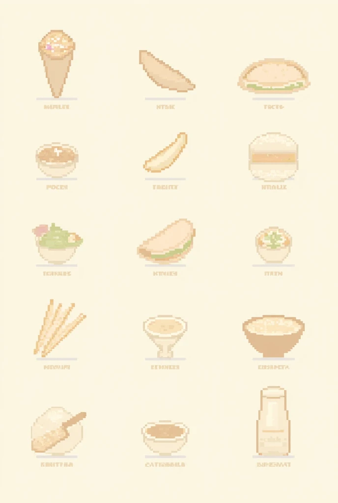 Tacos, Burrito, Enchiladas, Guacamole, Churros, Quesadilla, Tamales, Pozole, Tostada, Mexican Corn on the Cob (Elote), each in mini pixel art. Each should be spaced evenly, with its name written underneath. It should be clearer, have shadows, and be more d...