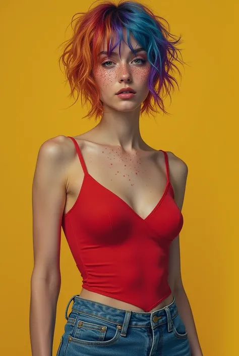 female,Skinny with short hair, Of colors and freckles.She's wearing a red bodice, jeans and high-heeled shoes 