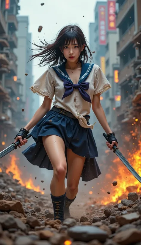 A cinematic scene of a young woman in a tattered school uniform, wielding two sleek ninja swords or a single traditional katana. She charges forward in the ruins of an apocalyptic city, surrounded by rubble, smoke, and distant flames, her movements fluid a...