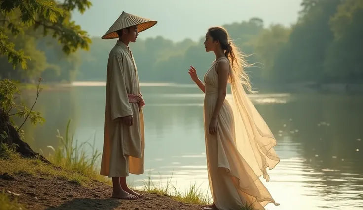 A handsome village youth in simple long-sleeved clothes and a hat, standing on the shore of a beautiful and cool lake, in a peaceful, prosperous and bustling village, meets and talks with a beautiful princess like an angel, indonesia, real, HD