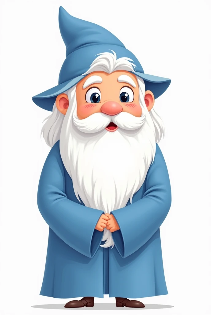 Draw a small, adorable white wizard character with blue robes and a long white beard. He should have a friendly and wise appearance, conveying kindness and joy. The drawing style should be simple and accessible, with rounded shapes and minimalist strokes t...