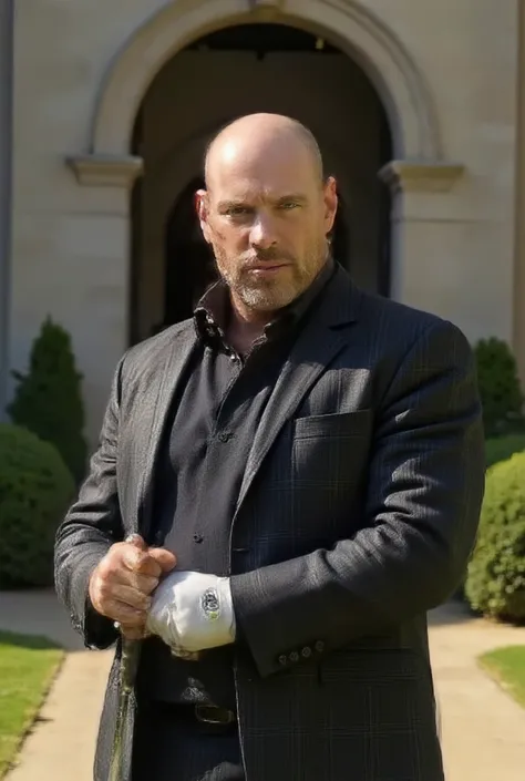  A bald 40-year-old man with bristles with a golf suit,  a golf club in his hands , in front of a golf club 