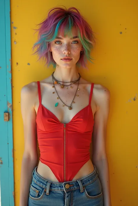 female,Skinny with short hair, Of colors and freckles.She's wearing a red bodice, jeans and high-heeled shoes 