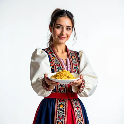 an Uzbek woman in a national costume in white, red and blue colors holds a small plate of pilaf in front of her, a studio photo on a white background, detailed