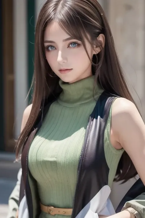 Italian girl anime version (The power to control the wind,  purple eyes and light brown medium hair,  Italian Green and Black Sleeveless Clothes and Jackets)