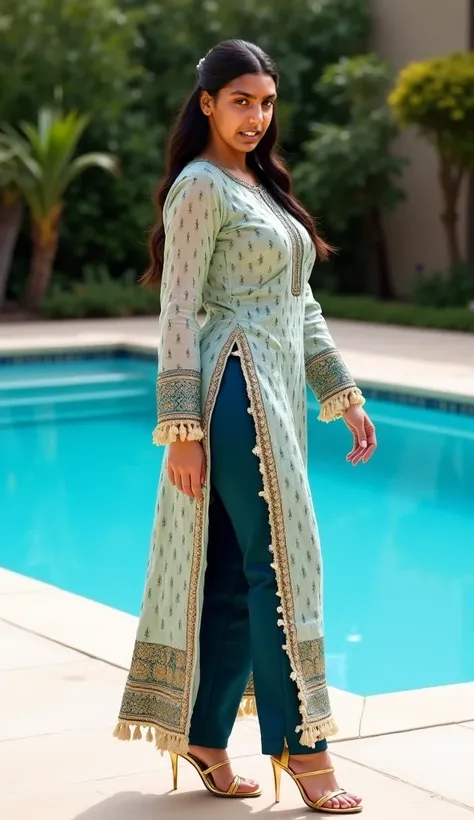 Kim Kardashian is standing near pool at home , wearing a traditional South Asian outfit.
Show body curves , side view, big ass,The woman appears to be of South Asian descent. She is wearing a long, patterned top, the design of which is a light color with a...