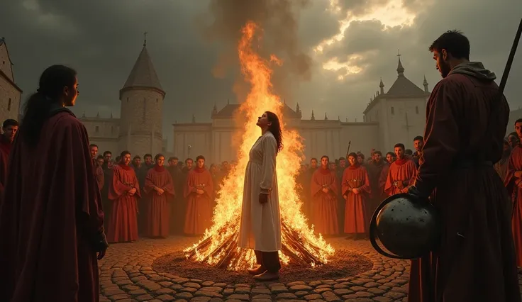  A tragic and powerful image that depicts the execution of Joan of Arc . to the center,  Giovanna is tied to a pyre in the heart of a medieval square ,  her serene face and turned to the sky ,  illuminated by the first glows of the flames that begin to env...